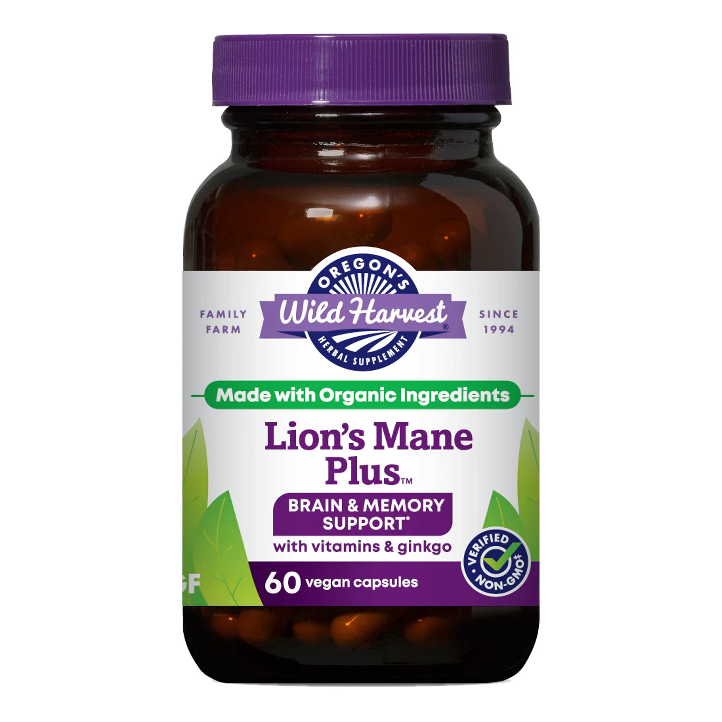 Oregon's Wild Harvest Lions Mane Plus bottle-front for easy daily cognitive support.
