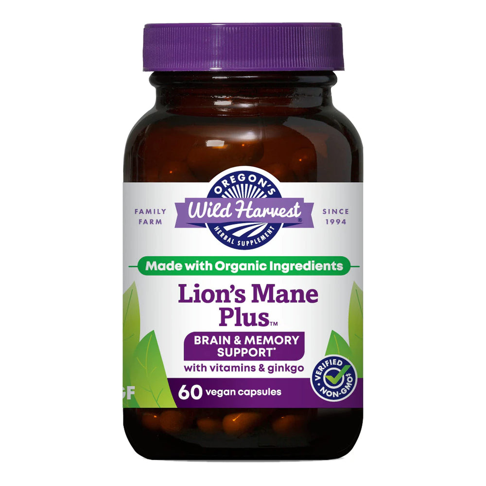 Oregon's Wild Harvest Lions Mane Plus bottle-front for easy daily cognitive support.