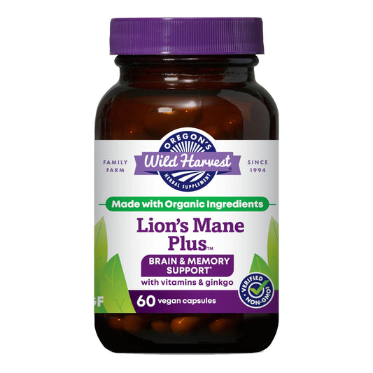 Oregon's Wild Harvest Lions Mane Plus bottle-front for easy daily cognitive support.