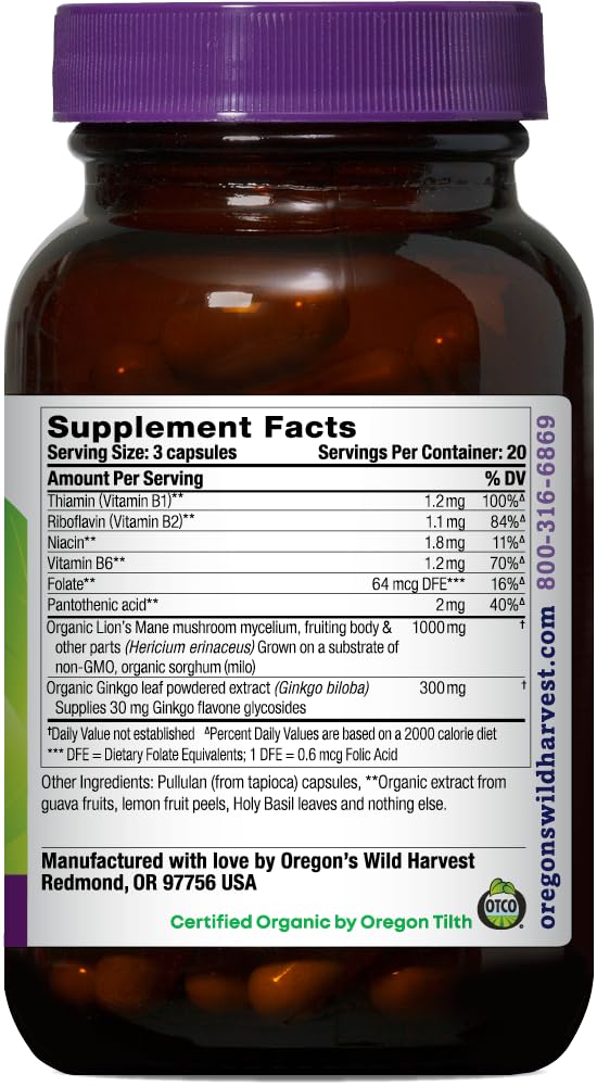 Oregon's Wild Harvest Lions Mane Plus capsules-closeup highlighting vegan capsules.
