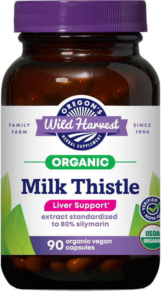 Oregon's Wild Harvest Milk Thistle capsules bottle on a clean surface, supports daily wellness