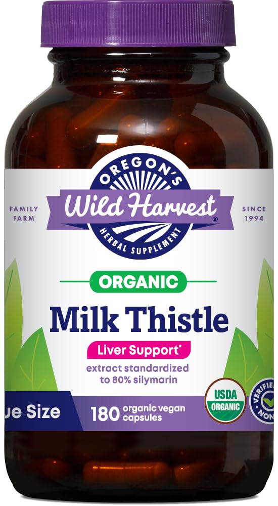 Oregon's Wild Harvest Milk Thistle capsules in a sealed bottle for daily liver support.