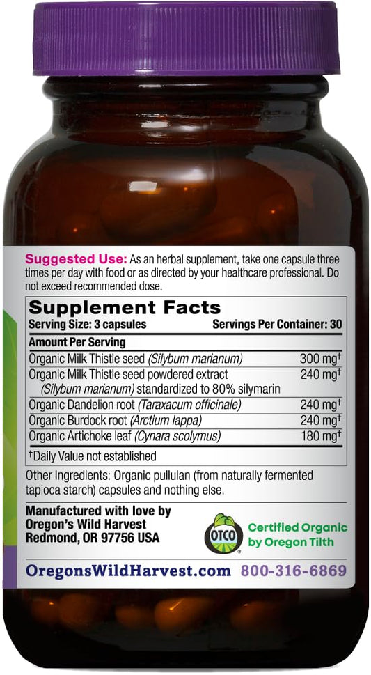 Close-up label shows 80% silymarin extract; supports antioxidant liver benefits