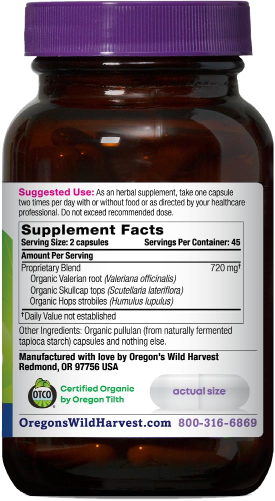 Oregon's Wild Harvest Muscle Relax cap close-up showing valerian and hops for calm support