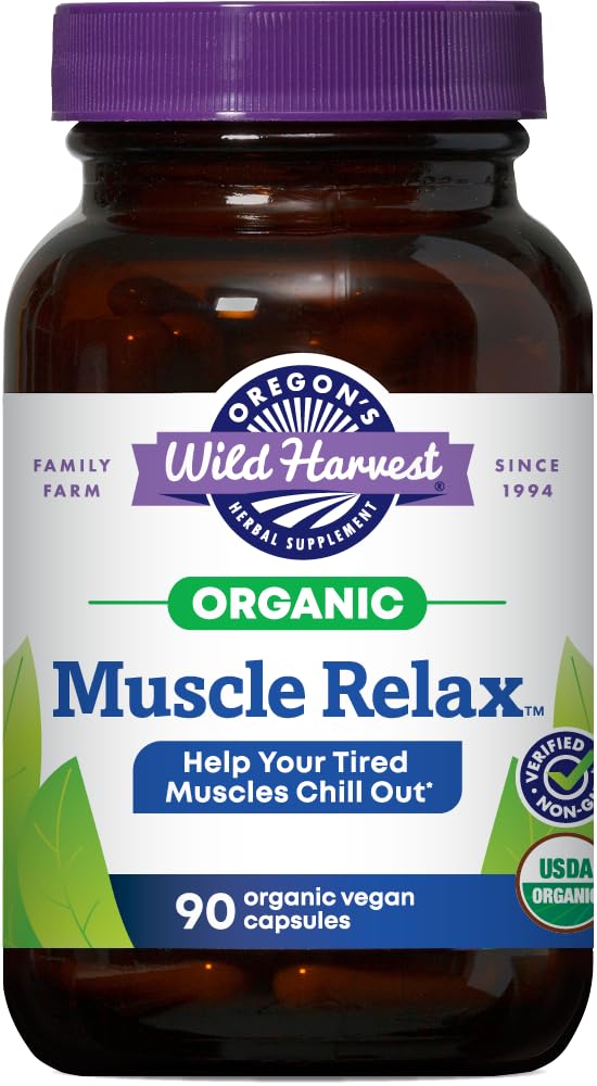 Oregon's Wild Harvest Muscle Relax bottle front with vegan capsules for calm evenings