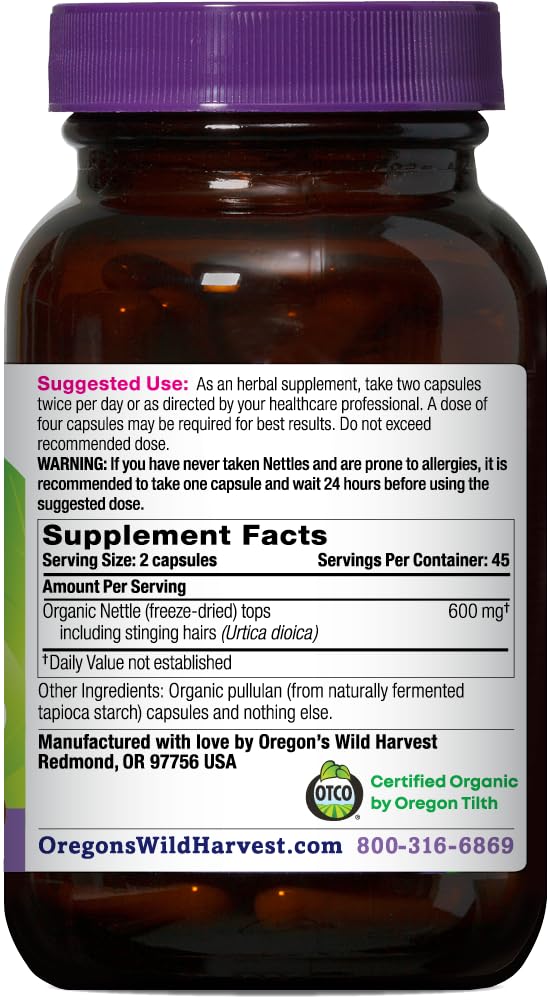 Oregon's Wild Harvest nettle capsules bottle label shows certified organic nettle tops