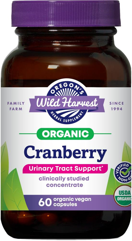 Oregon's Wild Harvest PACran cranberry capsules bottle showing organic concentrate for daily wellness.