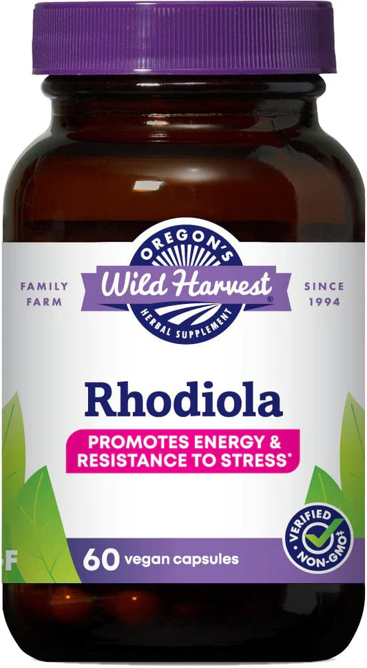 Oregon's Wild Harvest Rhodiola bottle front with Arctic Rose heritage suggesting resilience.