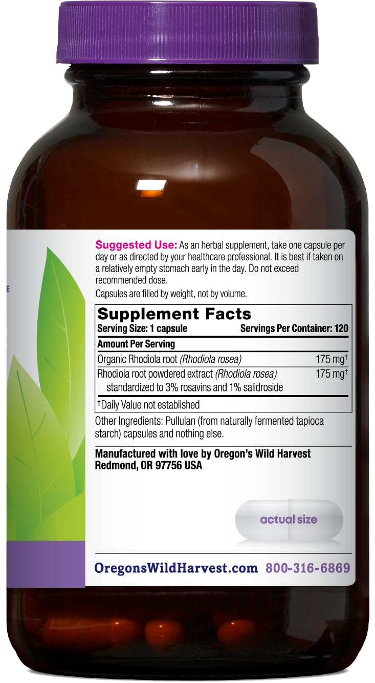 Oregon's Wild Harvest Rhodiola capsules close-up highlighting clean ingredients