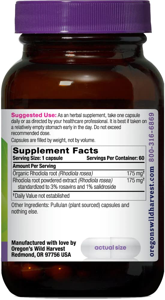 Oregon's Wild Harvest Rhodiola capsules closeup for easy daily use.