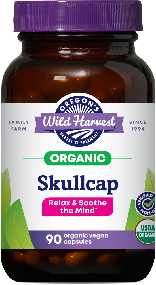 Oregon's Wild Harvest Skullcap bottle label—organic capsules for daily calm.