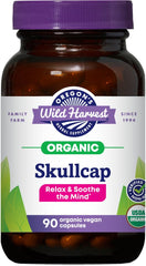 Oregon's Wild Harvest Skullcap bottle label—organic capsules for daily calm.