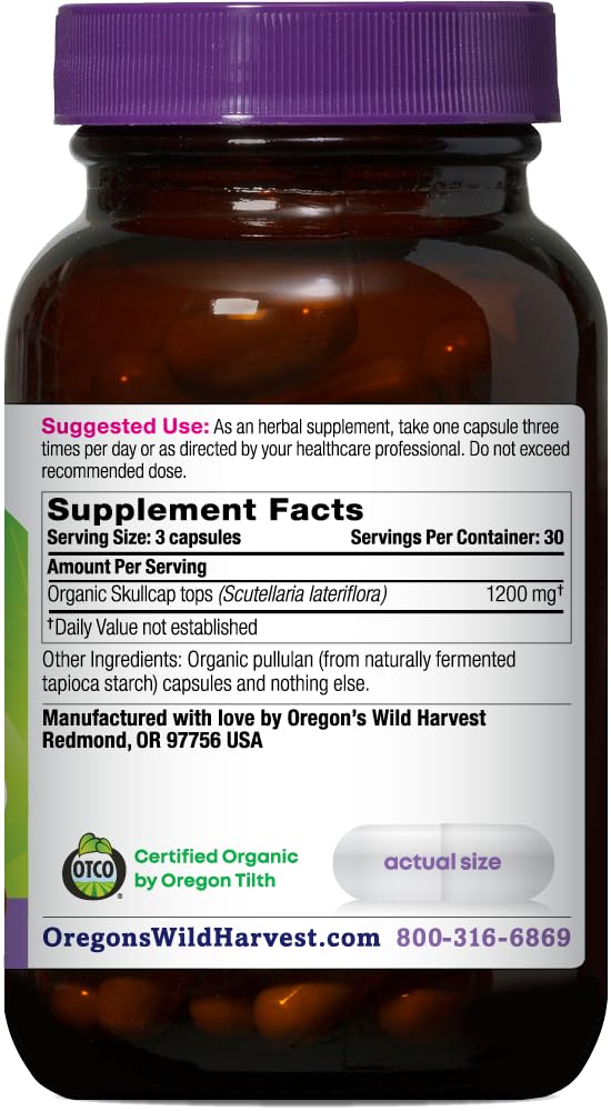 Oregon's Wild Harvest Skullcap capsules pouring—simple daily ritual.