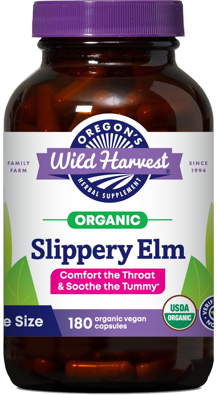 Oregon's Wild Harvest slippery elm capsules bottle on shelf, highlighting organic vegan formula for daily support