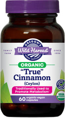 Oregon's Wild Harvest true cinnamon ceylon bottle displays organic vegan capsules for daily spice support.