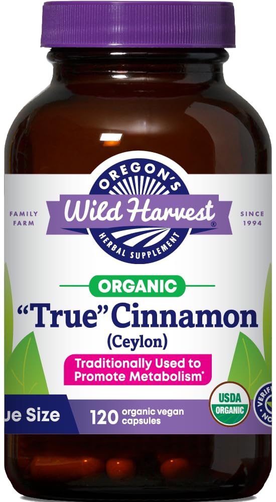 Oregon's Wild Harvest true cinnamon ceylon capsules bottle for convenient daily use