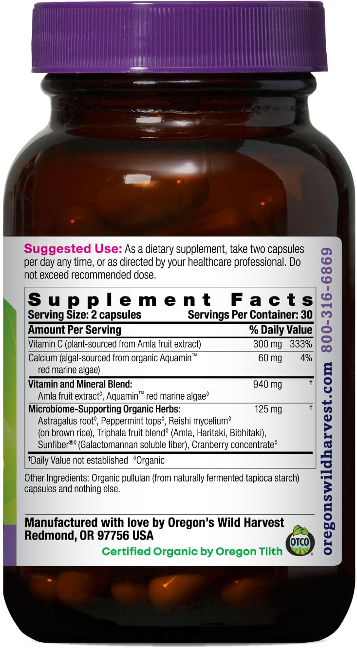 Close-up of Oregon's Wild Harvest Vitamin C capsules, showcasing vegan, plant-based vitamin C.