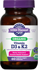 Oregon's Wild Harvest Vitamin D3 & K2 bottle front promotes vegan bone support.