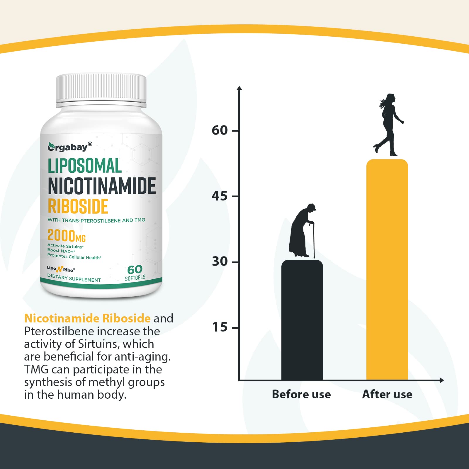 Orgabay bottle on wooden table conveying premium aging support supplement.
