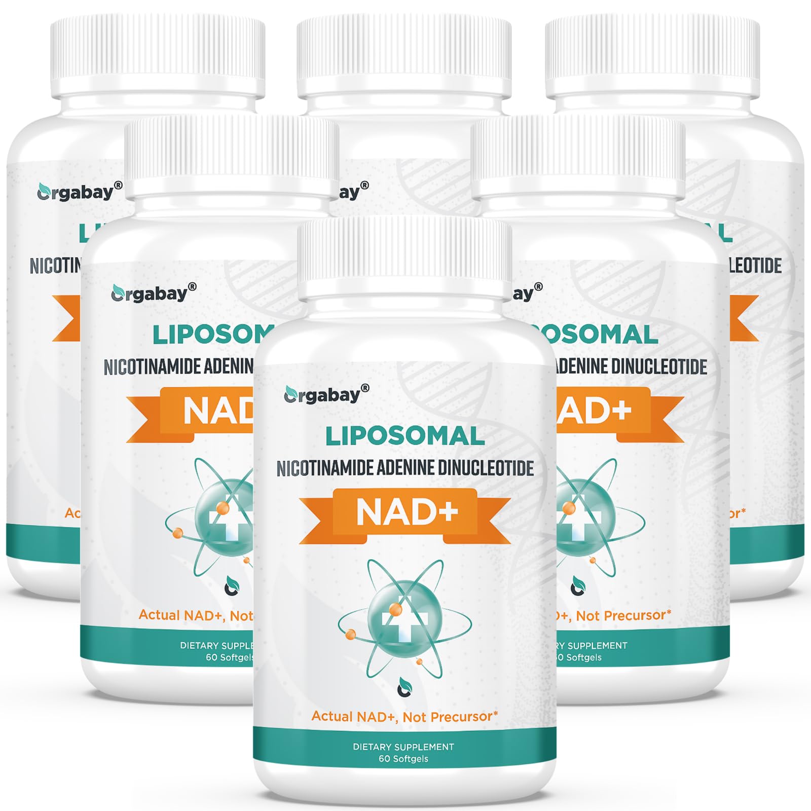 Orgabay Liposomal NAD+ bottle front shows premium daily energy support.