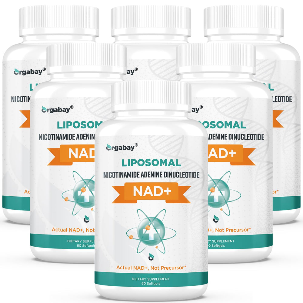 Orgabay Liposomal NAD+ bottle front shows premium daily energy support.