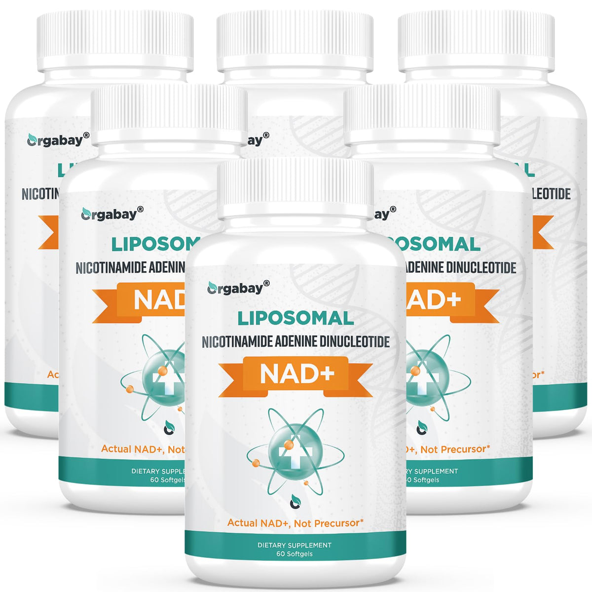 Orgabay Liposomal NAD+ bottle front shows premium daily energy support.