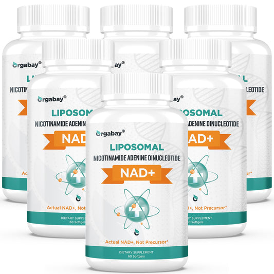 Orgabay Liposomal NAD+ bottle front shows premium daily energy support.