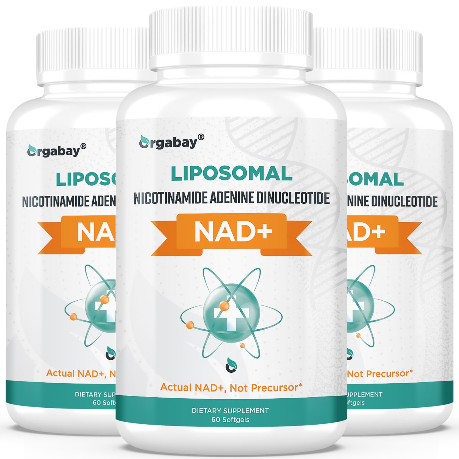 Orgabay Liposomal NAD+ bottle front, signaling high-absorption support for daily energy