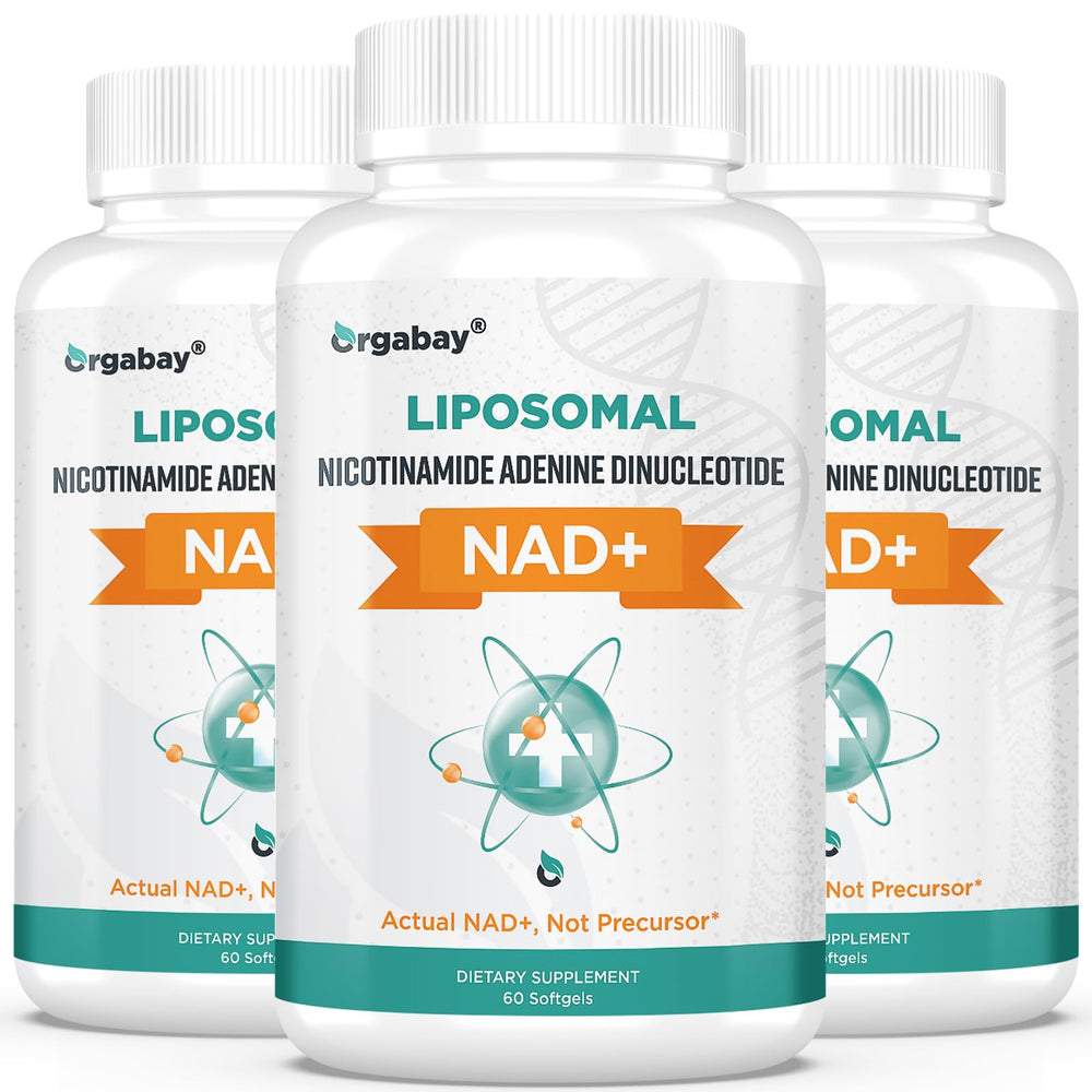Orgabay Liposomal NAD+ bottle front, signaling high-absorption support for daily energy
