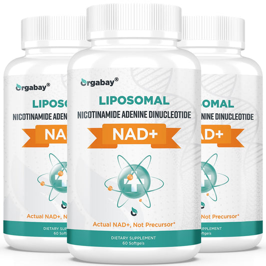 Orgabay Liposomal NAD+ bottle front, signaling high-absorption support for daily energy