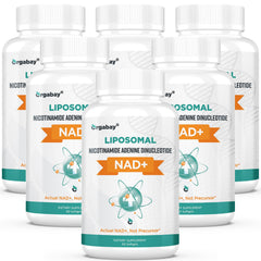Orgabay Liposomal NAD+ bottle front shows premium daily energy support.