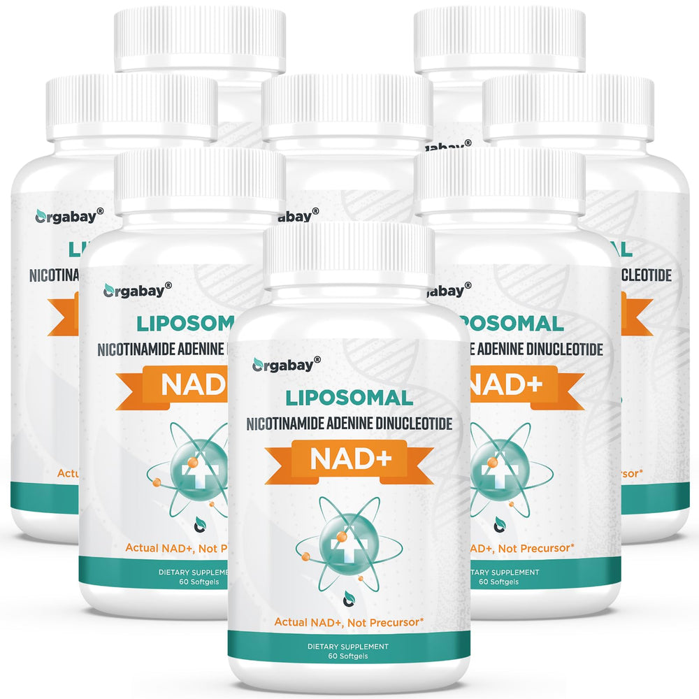 Orgabay liposomal NAD+ softgel bottle closeup highlighting high absorption