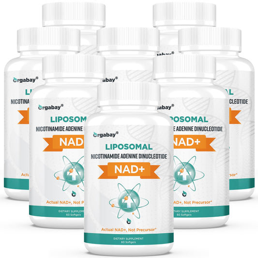 Orgabay liposomal NAD+ softgel bottle closeup highlighting high absorption