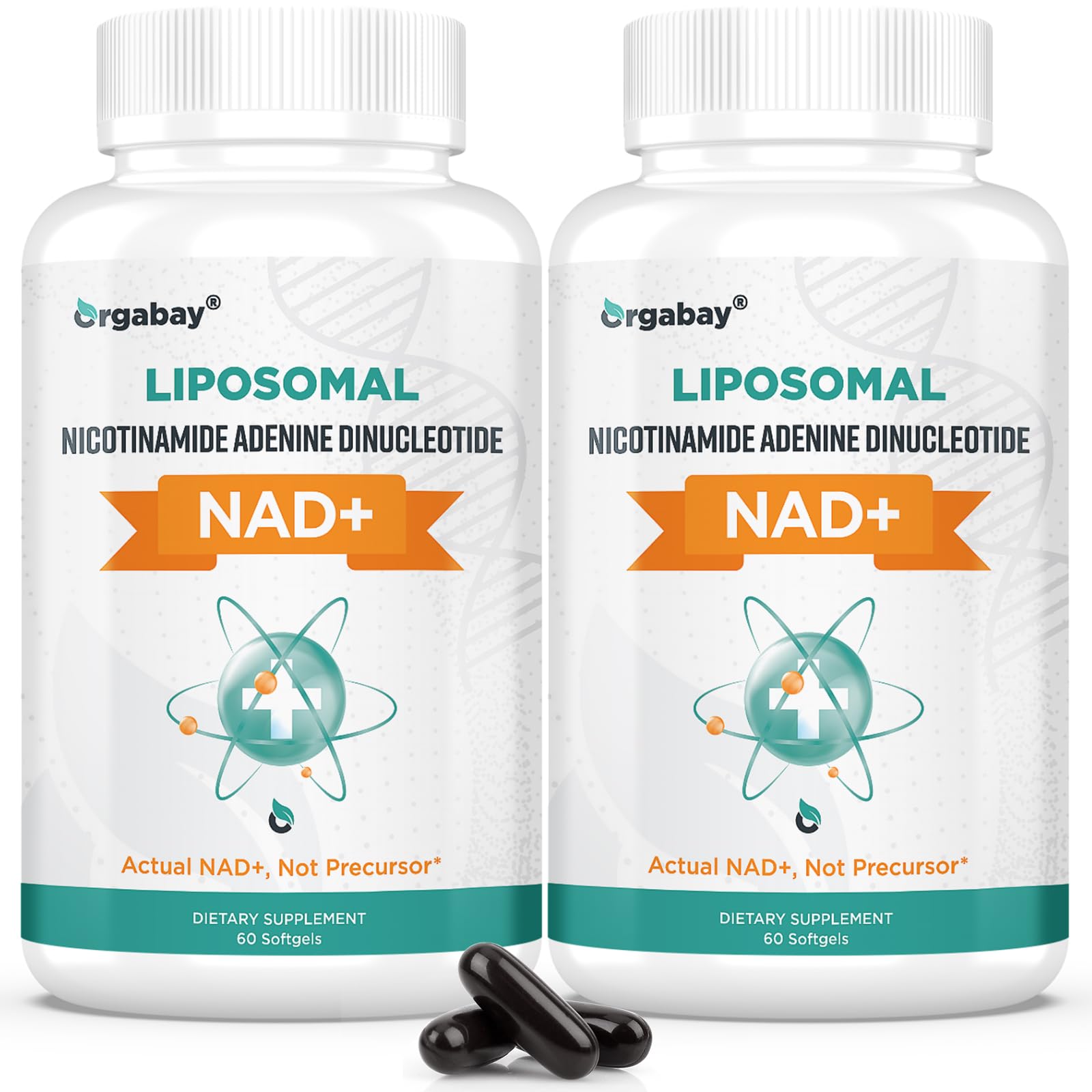 Orgabay liposomal NAD+ 500 mg softgel bottle showcases high absorption for daily energy.