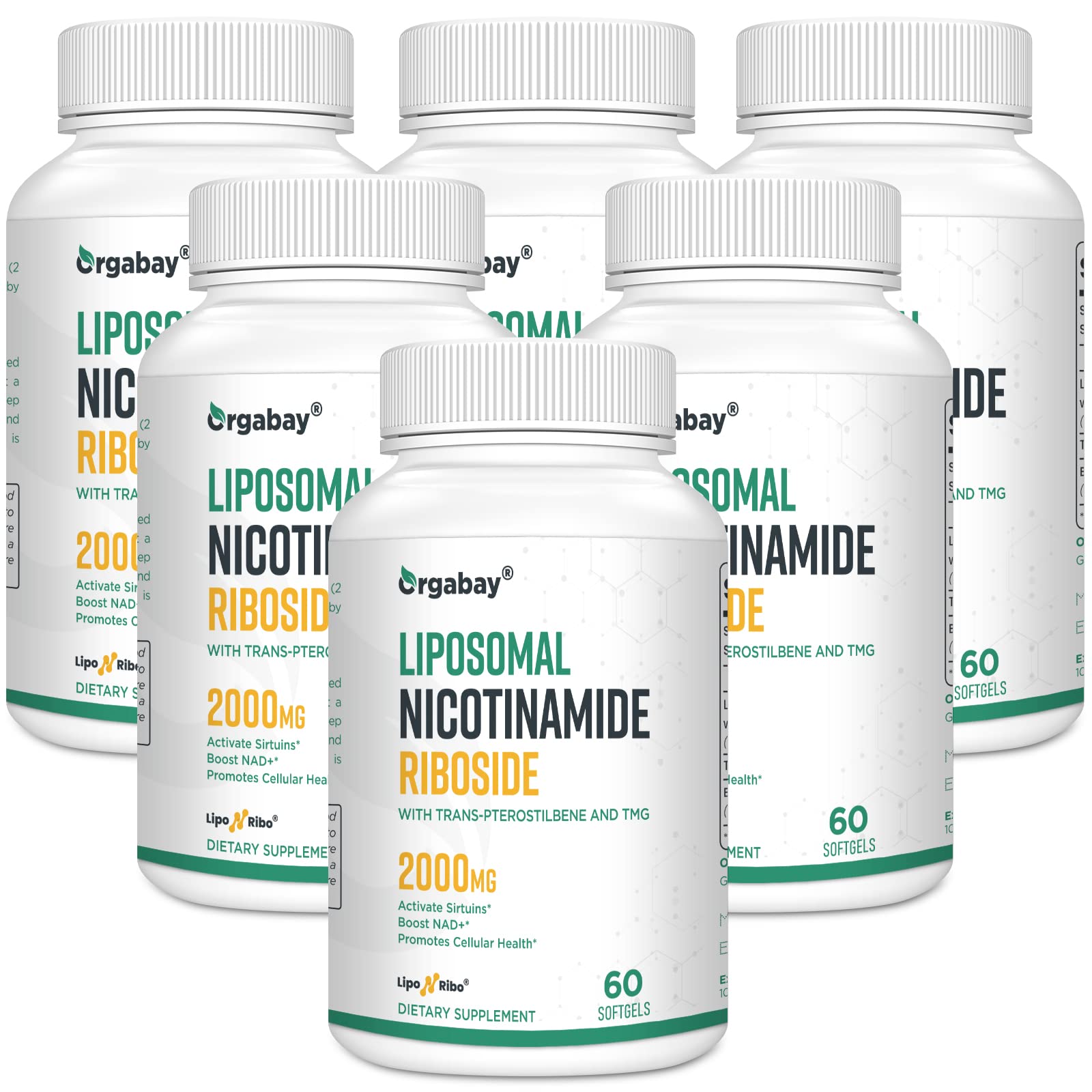 Orgabay liposomal nicotinamide riboside bottle highlighting enhanced absorption for cellular energy support.
