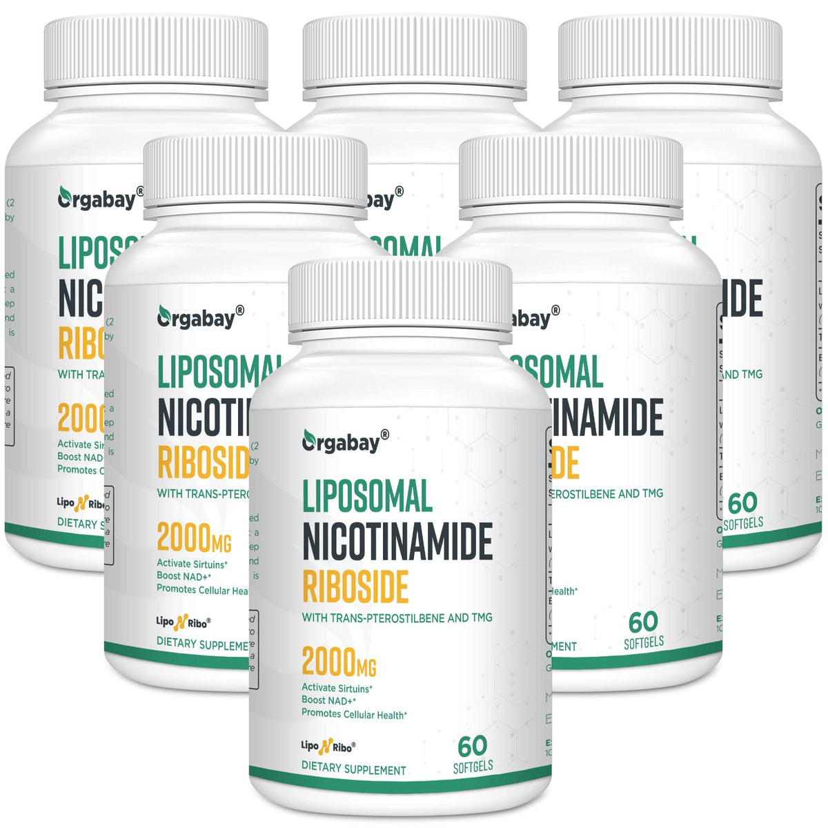 Orgabay liposomal nicotinamide riboside bottle highlighting enhanced absorption for cellular energy support.