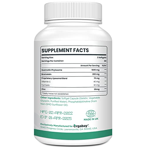 Orgabay liposomal quercetin phytosome bottle back shows dosage and usage information.