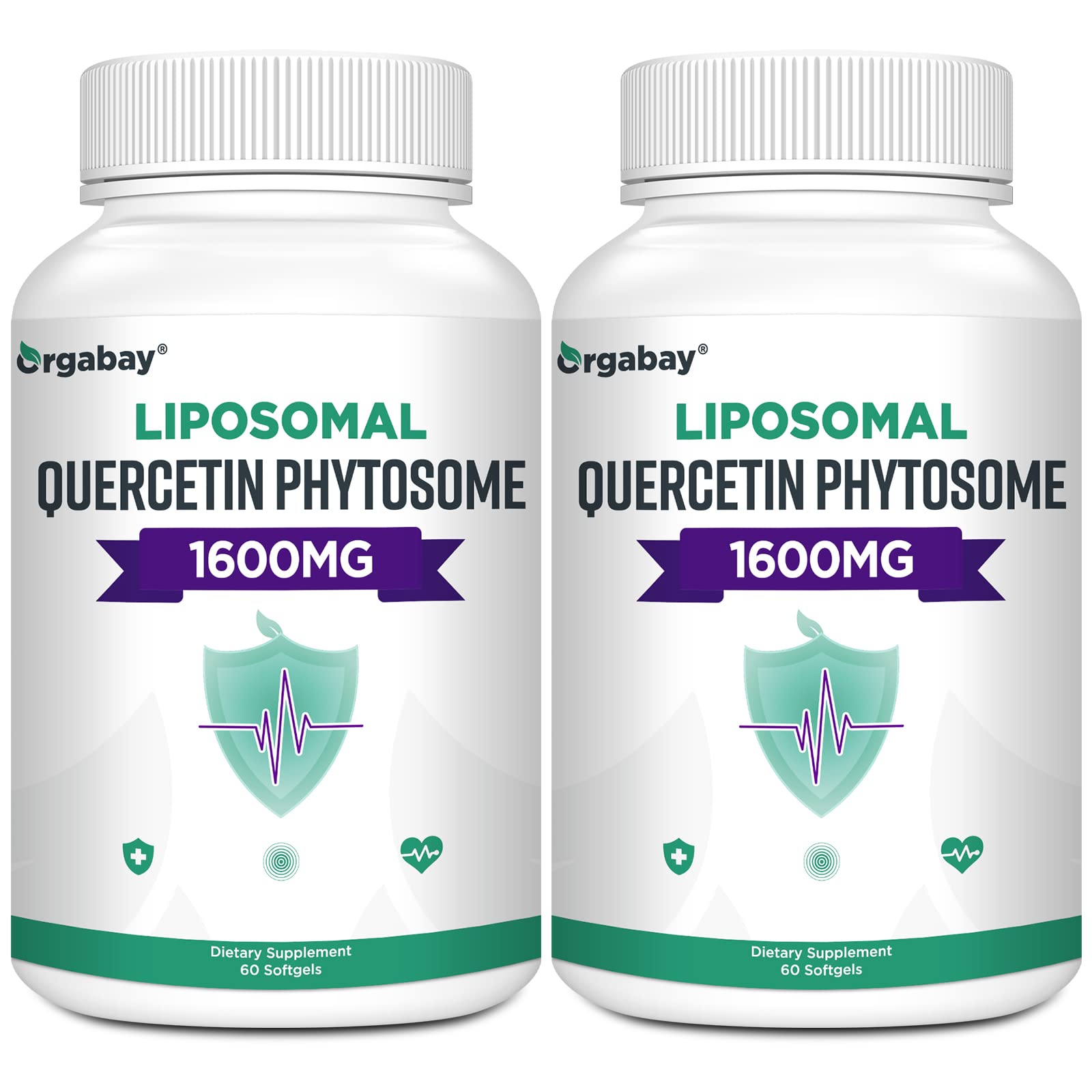 Orgabay liposomal quercetin phytosome bottle front highlights premium packaging and high absorption potential.