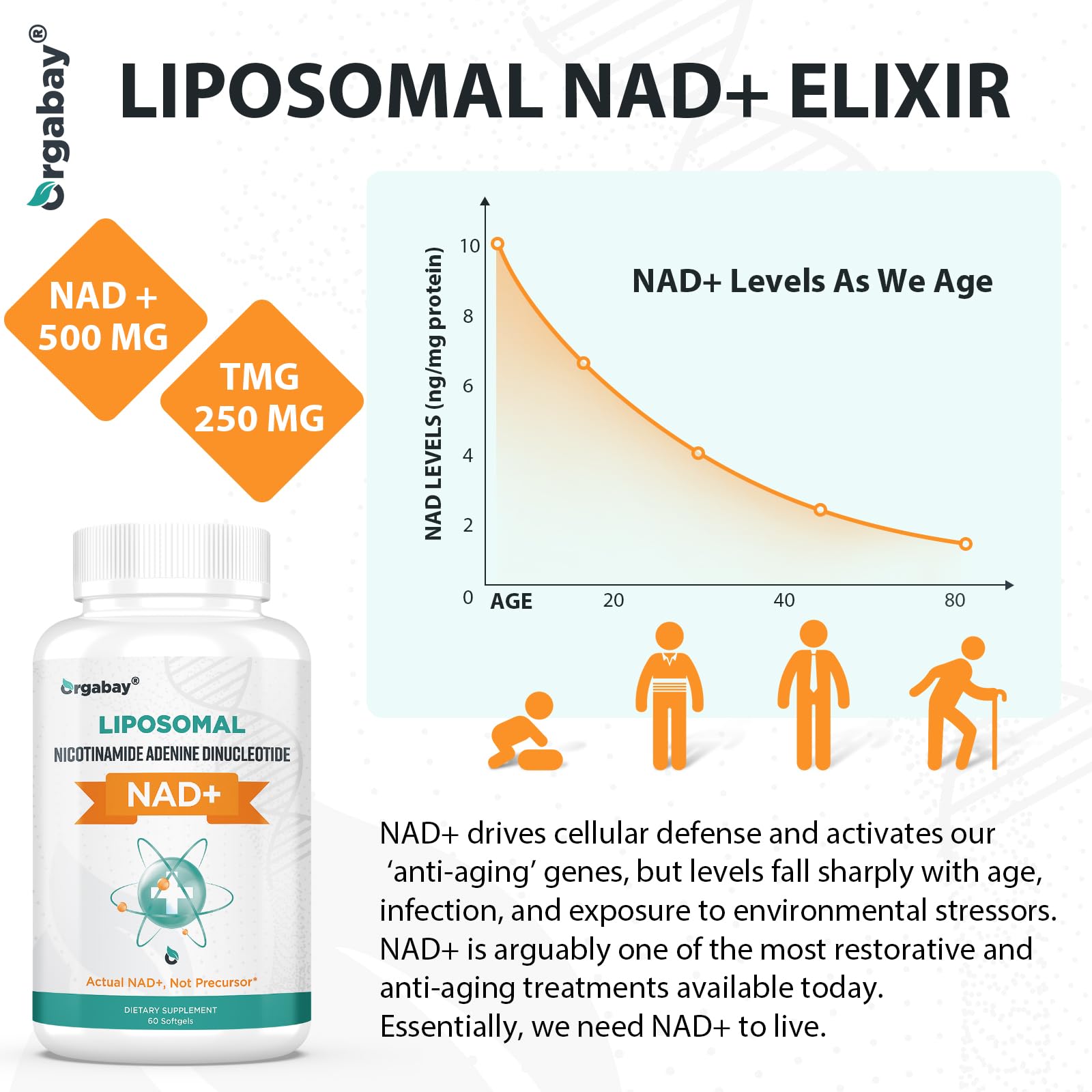Orgabay NAD+ with 250 mg TMG softgel illustrates supplementation for methylation support.