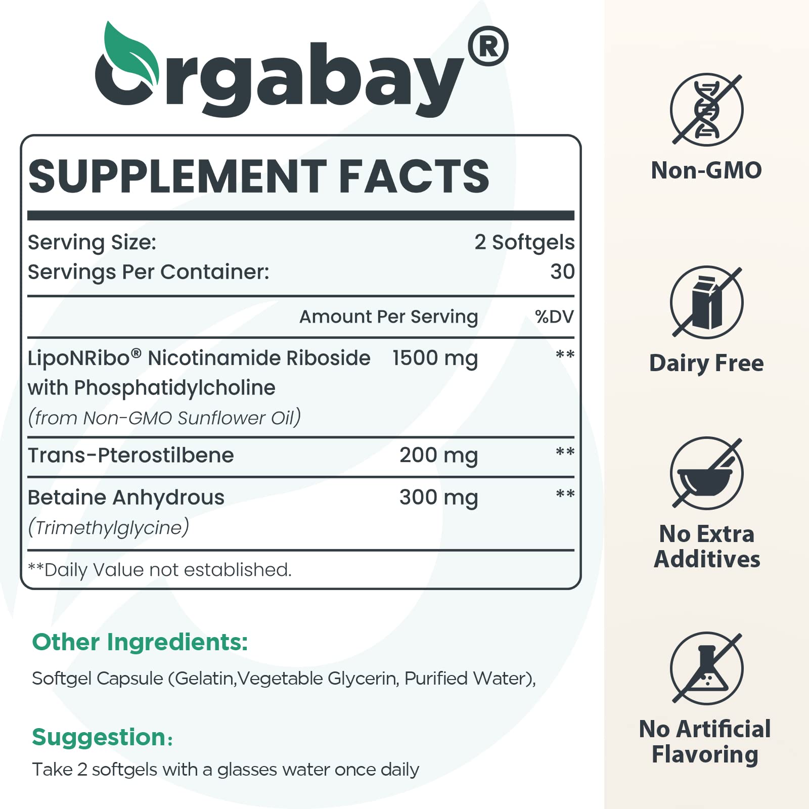 Orgabay nicotinamide riboside capsules closeup showing concentrated formula for NAD+ support.