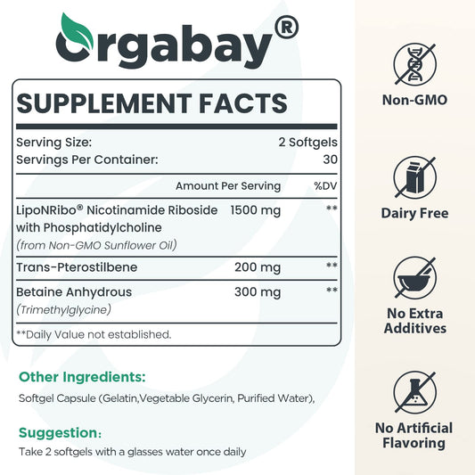 Orgabay nicotinamide riboside capsules closeup showing concentrated formula for NAD+ support.