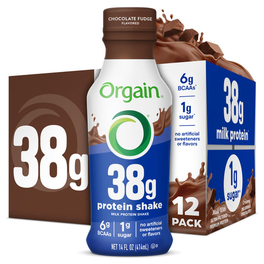 Orgain 38g high protein shake bottle chocolate fudge highlights premium protein for a meal replacement on the go.