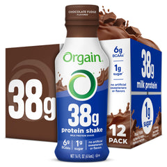 Orgain 38g high protein shake bottle chocolate fudge highlights premium protein for a meal replacement on the go.