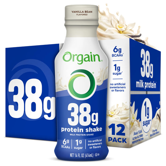 Orgain 38g protein shake vanilla bottle highlighting high protein for sustained energy.