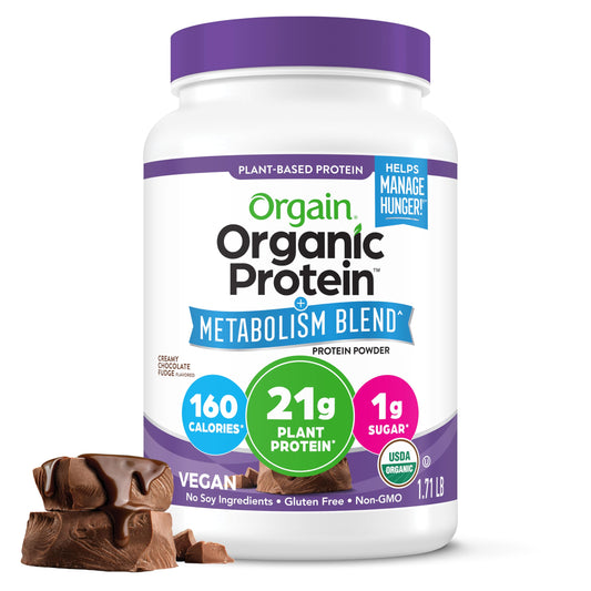 Orgain canister with scoop for protein powered shakes