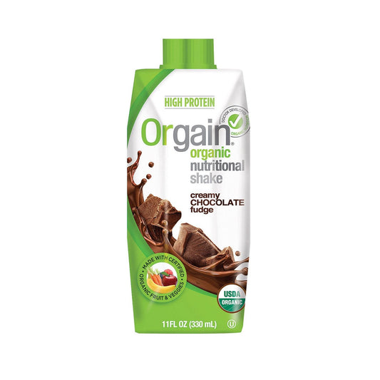 Orgain Chocolate Fudge Ready-To-Drink Shake bottle—16g protein, organic, gluten free, convenient snack.