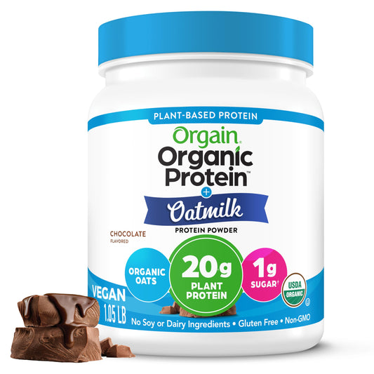 Orgain chocolate organic protein oatmilk shake glass showing creamy texture for smoothies