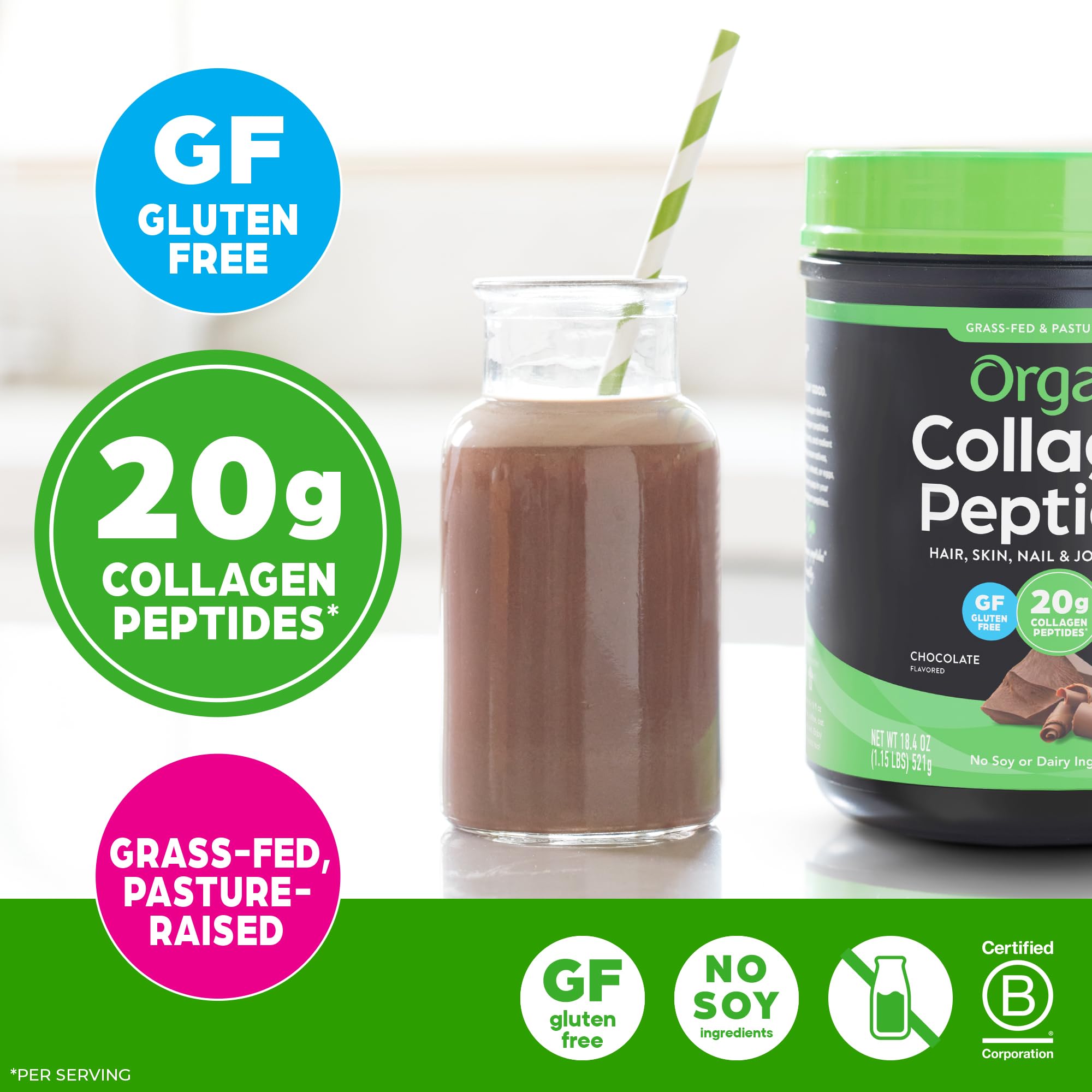 Orgain collagen peptides chocolate coffee-mix blends smoothly into hot or cold beverages