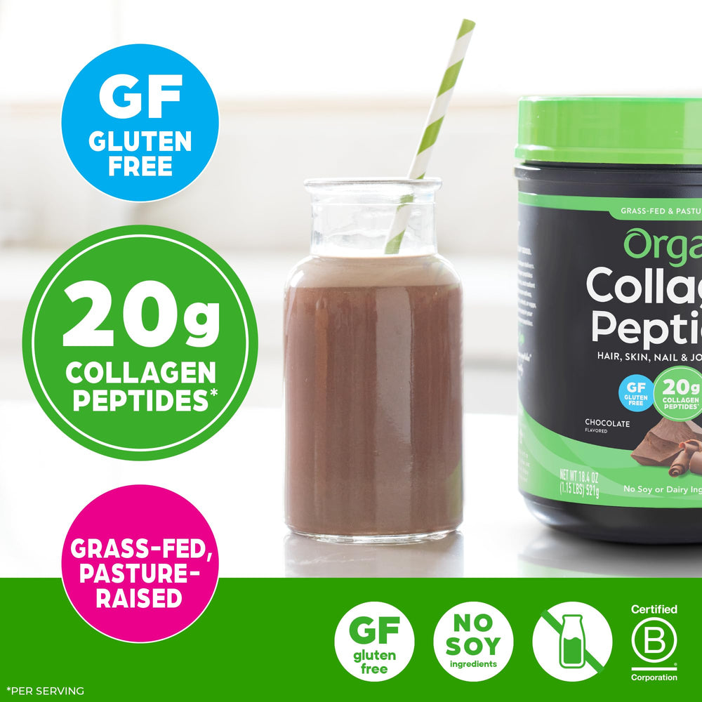Orgain collagen peptides chocolate coffee-mix blends smoothly into hot or cold beverages