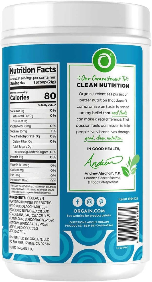 Orgain Collagen + Superfoods bottle side label—vitamin C for collagen support.